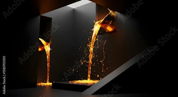 Obraz Orange and yellow flames glow in the dark fireplace, casting a warm light with sparks burning bright against the black night