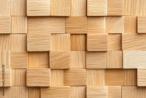 Fototapeta Geometric Wood Pattern: An artistic display of wooden blocks creating a captivating 3D effect. The varying shades of natural wood grain add warmth and texture to this abstract composition.