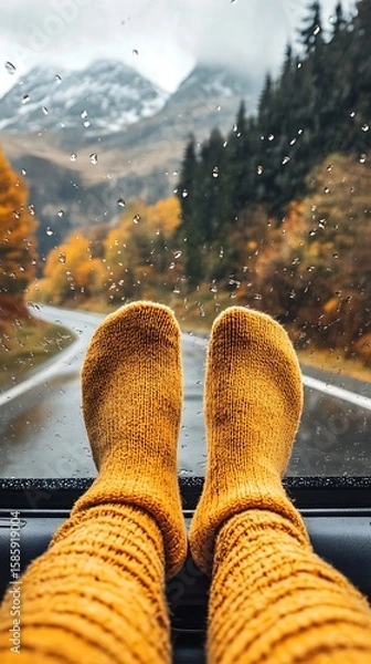Obraz Legs in yellow socks rest on a car dashboard overlooking rainy mountain road