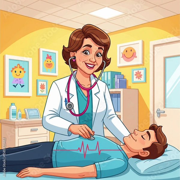 Fototapeta A cheerful woman in a clinic uses a stethoscope on a relaxed patient lying on an exam bed.