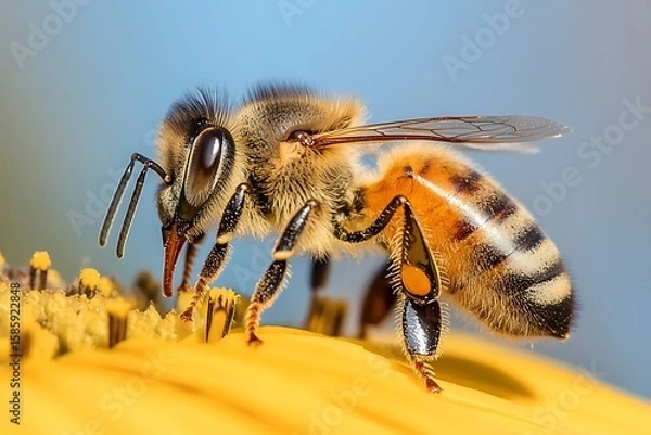 Obraz Honeybee Pollinating Yellow Flower Macro View of Apis Mellifera with Blue Sky