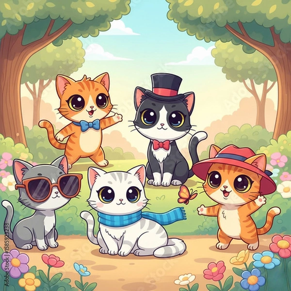 Fototapeta A cheerful gathering under the trees, with friends dressed in playful styles enjoying the gentle breeze.