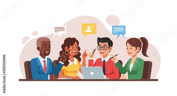 Fototapeta A diverse team of colleagues collaborates around a laptop, sharing ideas and engaging in a lively discussion, fostering teamwork and communication in a modern office setting.