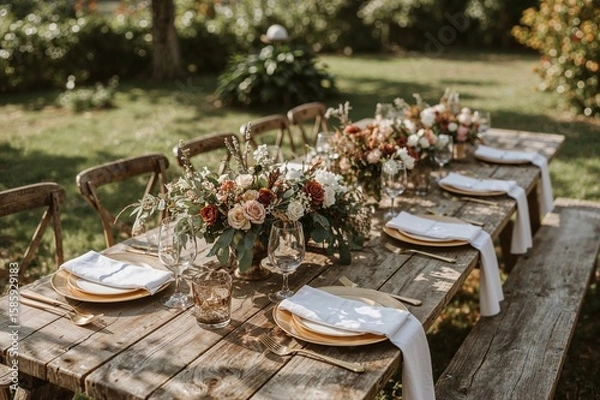 Fototapeta Rustic outdoor wedding table setting with natural wood and floral centerpieces for elegant garden reception
