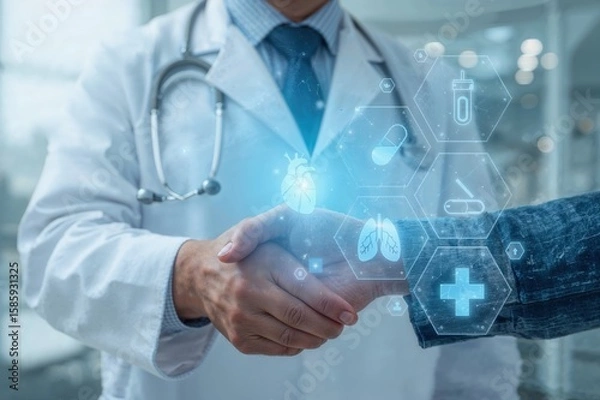 Fototapeta Doctor with digital health technology and medical icons perfect for healthcare innovation and telemedicine concepts
