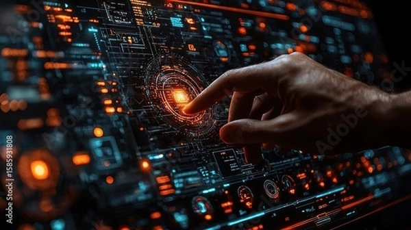 Fototapeta Hand interacting with futuristic digital interface