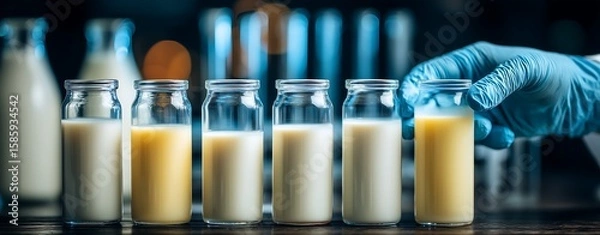 Fototapeta Horizontal banner with gloved hands labeling milk test tubes, blurred lab instruments and milk bottles behind