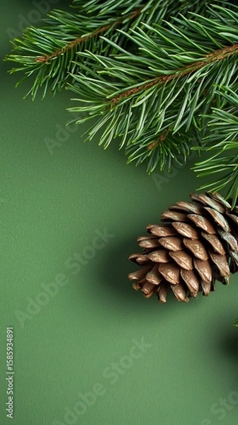 Obraz Elegant Pine Branch and Cone on Green Background Natural Christmas Decoration Concept