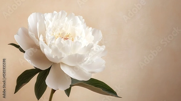 Obraz Elegant CloseUp of a White Peony Blossom with Green Leaves on Neutral Background