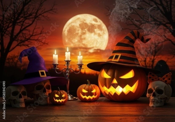 Obraz Spooky halloween scene with jack o lanterns skulls and a full moon