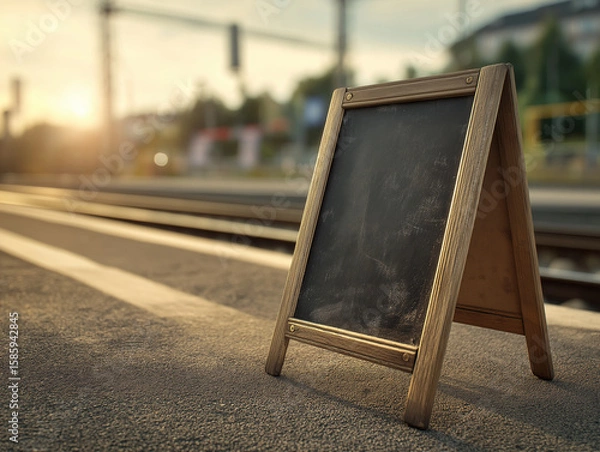 Fototapeta Blank Chalkboards on Railway Tracks: Emotional Journey Concept for Farewell or New Beginnings