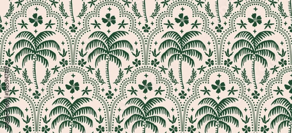 Obraz Hand drawn palm tree damask seamless pattern. Hawaiian print, summer holiday background in vintage style. Tropical plant painting. Design for fabric, textile, wallpaper and decoration.