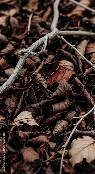 Fototapeta A pile of dry, crunchy autumn leaves in shades of dark brown and red, with a few dry, twisted branches scattered around. A single spider (realistic, but not threatening) weaves a thin web among the le