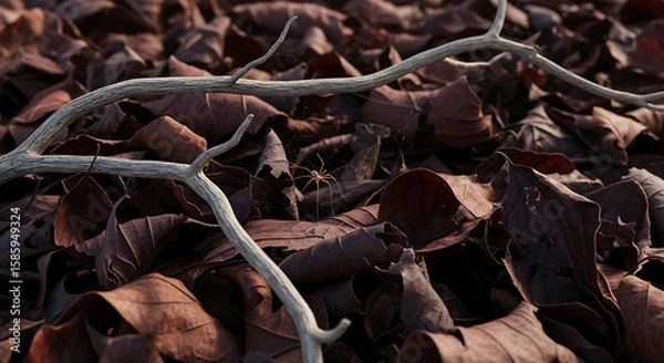 Fototapeta A pile of dry, crunchy autumn leaves in shades of dark brown and red, with a few dry, twisted branches scattered around. A single spider (realistic, but not threatening) weaves a thin web among the le