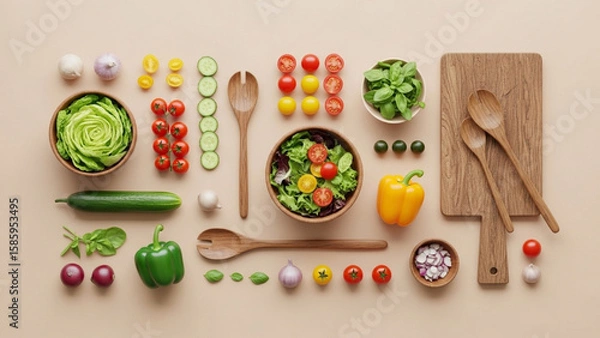 Fototapeta Overhead shot of salad ingredients with wooden bowl and serving utensils on tan