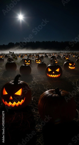 Fototapeta A pumpkin patch at night, with mist crawling along the ground and moonlight illuminating the silhouettes of the pumpkins. Some pumpkins appear to have sinister expressions due to natural shadows, even