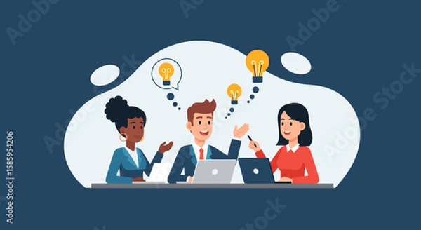 Fototapeta Diverse team members collaborate on innovative ideas, brainstorming solutions with laptops and lightbulb icons against a modern, minimalist dark blue background.