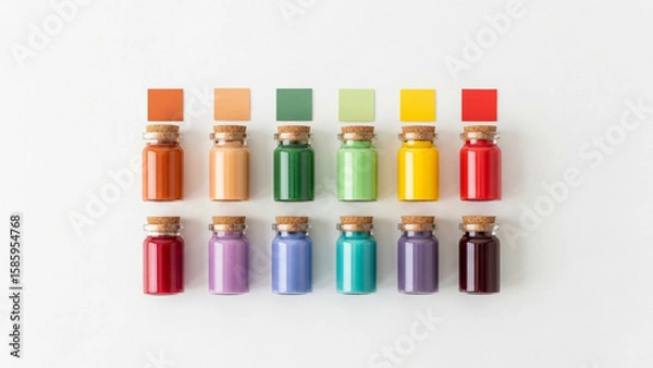 Fototapeta Colorful paint bottles arranged in rows with matching color swatches above them