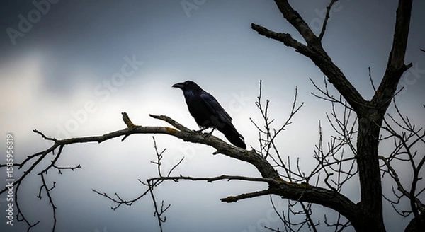 Fototapeta A solitary raven perched on a bare tree branch, with a grey, ominous autumn sky in the background. The image conveys a sense of foreboding and dark melancholy.