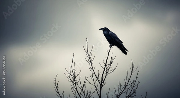 Fototapeta A solitary raven perched on a bare tree branch, with a grey, ominous autumn sky in the background. The image conveys a sense of foreboding and dark melancholy.