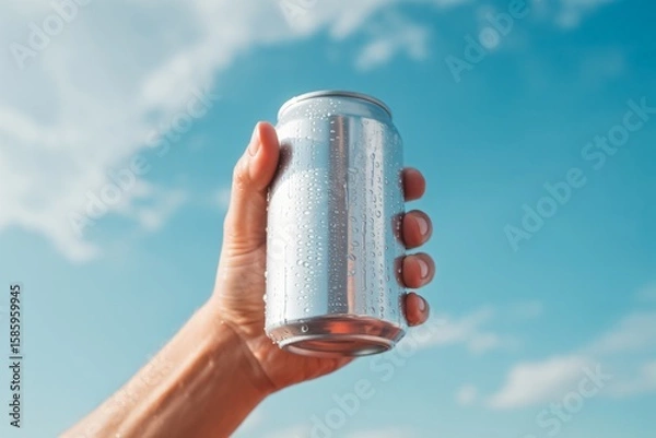 Fototapeta  a hand holding a silver aluminum can, visibly covered in condensation, raised against a clear blue sky dotted with white clouds. 