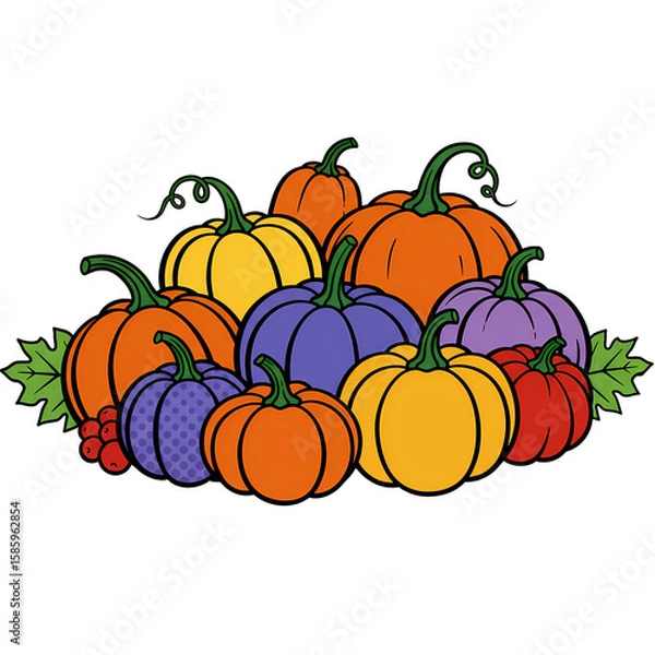 Fototapeta Set of colorful pop art style pumpkins, isolated on transparent background. Seasonal decoration and festive autumn and fall illustration