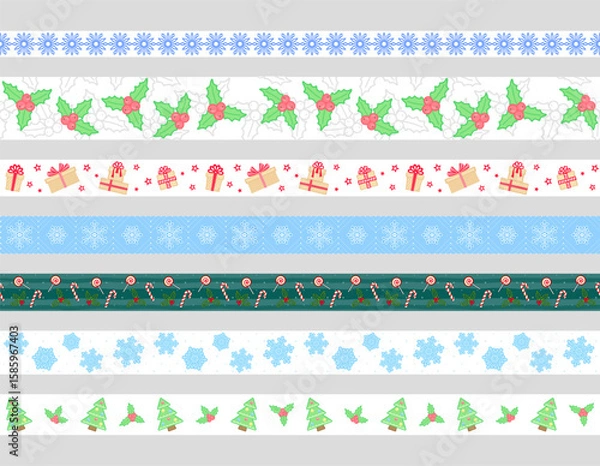 Fototapeta Different ribbons with Christmas decor, isolated on a grey background. Collection of various horizontal edging with gift boxes, mistletoe, snowflakes and Xmas sweets. Vector set of seamless borders