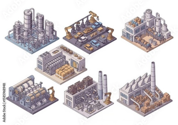 Obraz Clean 3D factory collection – Isometric designs of chemical, automotive, food, textile, electronics, and packaging plants in soft colors, minimalist style