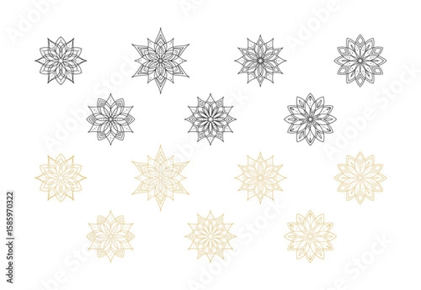 Fototapeta Gold and black abstract lotuses made of thin lines and dots, isolated on a white background. Abstract round mandala, flower, circular openwork pattern. Vector big set for design, cover, sign and print