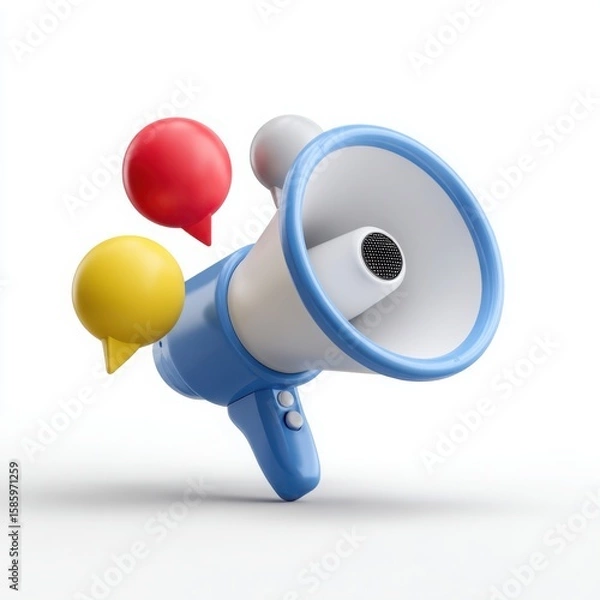 Fototapeta Blue and White Megaphone with Red and Yellow Speech Bubbles