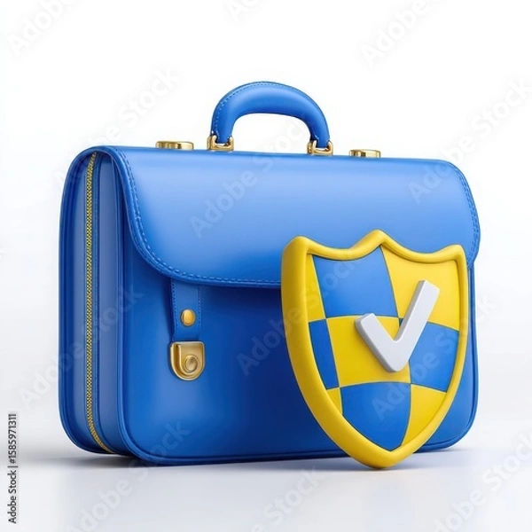 Fototapeta Blue briefcase with yellow and blue checkered shield and checkmark