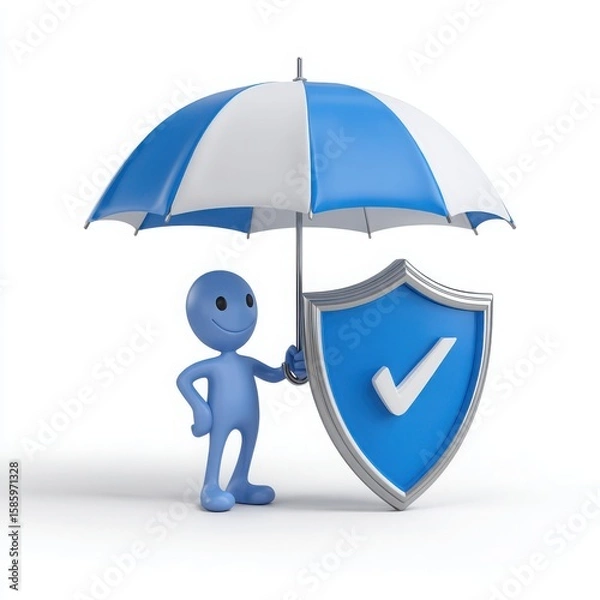 Fototapeta Blue character holding umbrella protecting shield with checkmark
