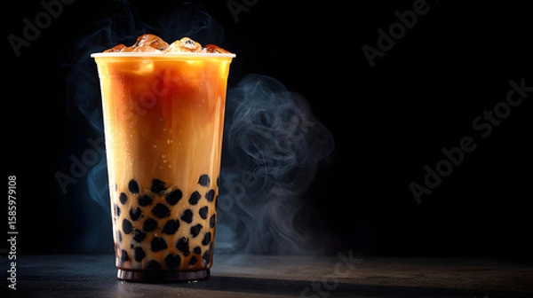 Obraz Refreshing bubble tea with tapioca pearls and ice in black backdrop