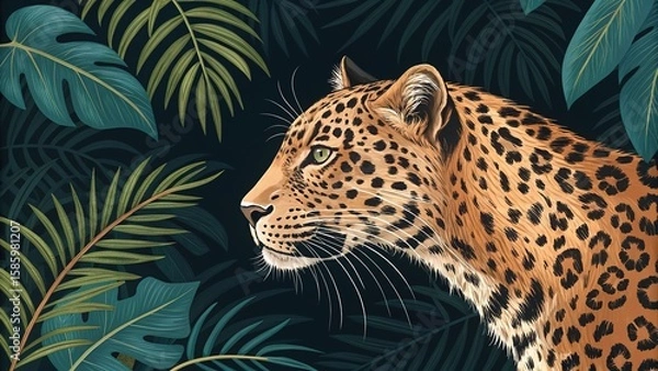 Fototapeta Leopard Portrait in Tropical Foliage Jungle Background