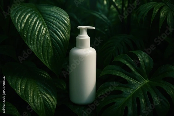 Fototapeta Refreshing Soap Bottle Amidst Lush Tropical Rainforest Leaves