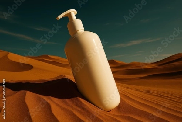 Fototapeta Lost Oasis Soap Bottle in Desert Under Vast Skyline