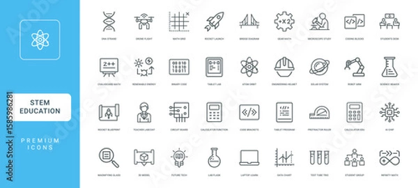Obraz stem education science technology engineering mathematics collection line icons, Binary Chalkboard Renewable energy code Tablet