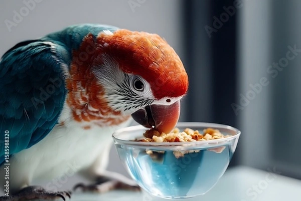 Fototapeta Colorful macaw eating nutritious food from bowl, close-up parrot enjoying meal indoors