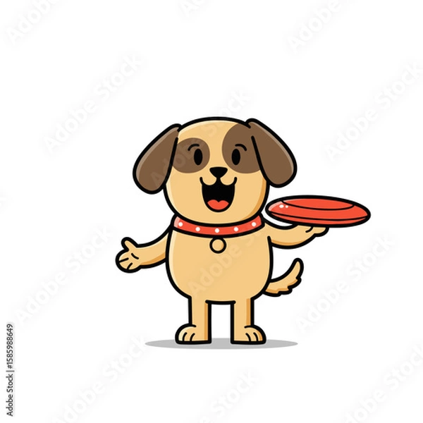 Fototapeta Cheerful dog holding frisbee with playful expression on white background  