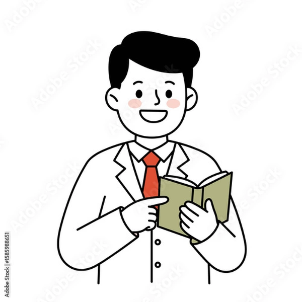 Fototapeta Smiling man in suit reading a book while standing indoors  
