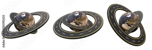 Fototapeta Set of asphalt roads around the world on isolated background. Set of highway roads around the earth globe isolated. Trasportation, navigation, travel or trip elements.