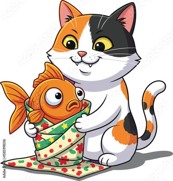 Fototapeta A playful cartoon cat gently embraces a surprised goldfish wrapped in a festive blanket