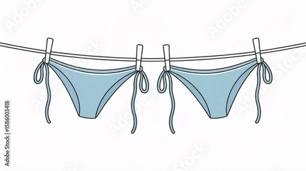 Obraz A minimalist line drawing of two light blue bikini bottoms hanging on a clothesline against a white background.