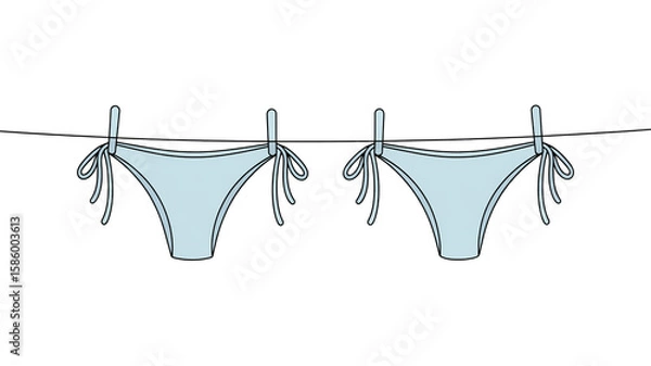 Obraz A minimalist line drawing of two light blue bikini bottoms hanging on a clothesline against a white background.