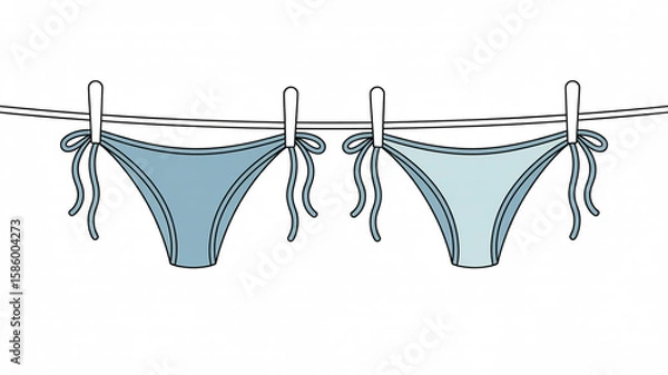 Obraz A minimalist line drawing of two light blue bikini bottoms hanging on a clothesline against a white background.