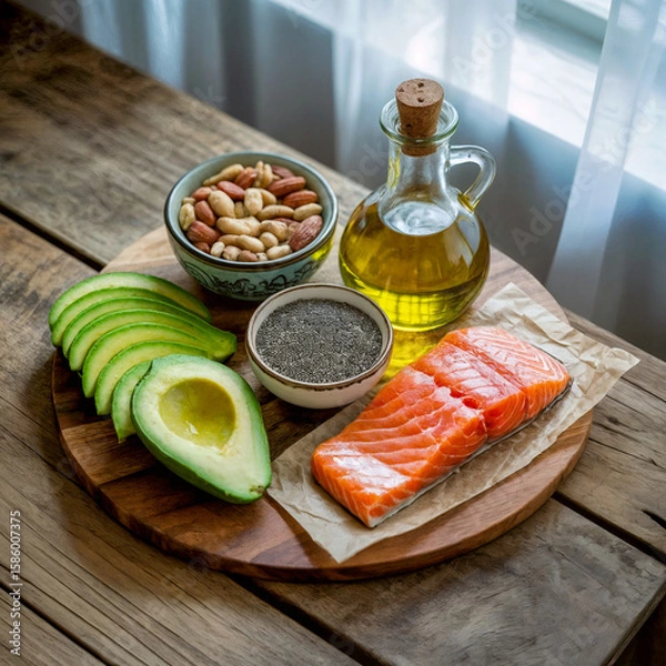 Fototapeta Healthy fats on rustic wooden table – salmon, avocado, olive oil, chia seeds, and nuts