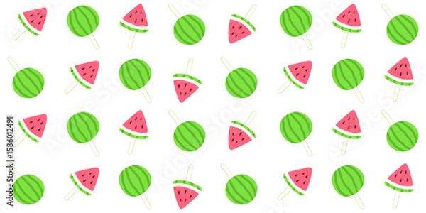Fototapeta A whole green watermelon and its red slices on a stick on a white background. Fruit pieces. Summer endless texture with watermelon-shaped popsicles. Vector seamless pattern for surface texture, print