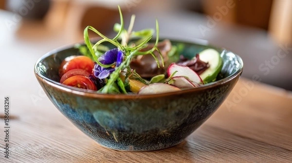 Obraz Fresh vegan poke bowl with edible flowers, vegetables, and greens resting on wooden table