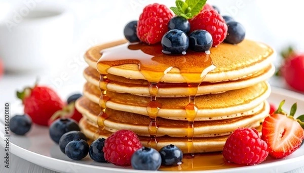 Obraz Stack of pancakes topped with fresh berries and syrup