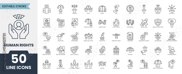 Fototapeta Human Rights line editable icon set. Containing freedom, democracy, equality of rights, tolerance, activism, justice, respect and more. Vector illustration